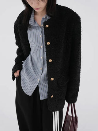 Russet Collarless Fluffy Jacket
