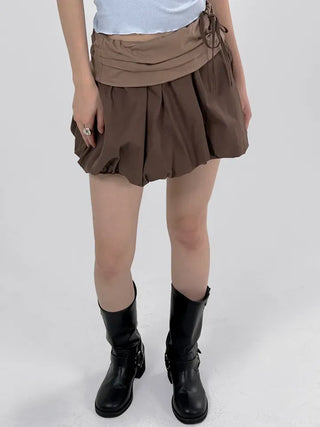 Flare puff ribbon mini skirt