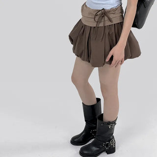 Flare puff ribbon mini skirt