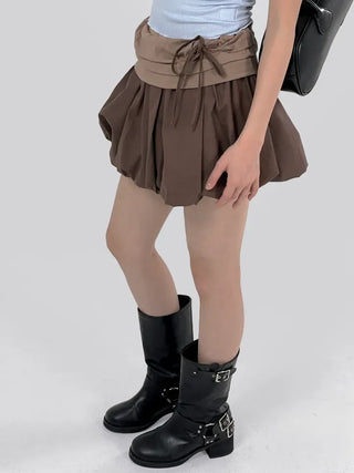 Flare puff ribbon mini skirt