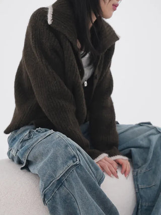 Mates Color Block High-Neck Knit Cardigan