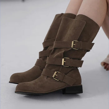 Falling Western Suede Buckle Mid-calf Boots