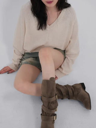 Falling Western Suede Buckle Mid-calf Boots