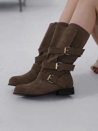 Falling Western Suede Buckle Mid-calf Boots