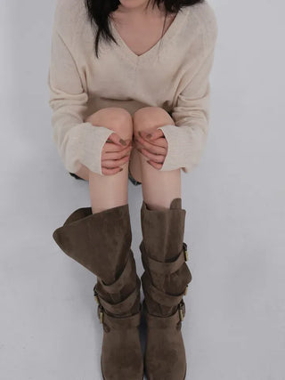 Falling Western Suede Buckle Mid-calf Boots