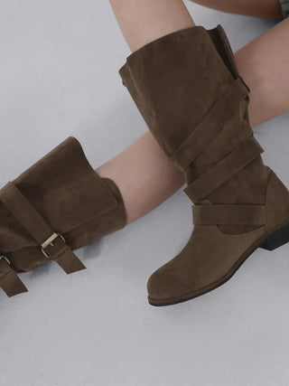 Falling Western Suede Buckle Mid-calf Boots