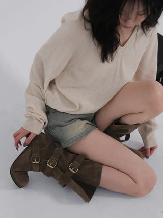 Falling Western Suede Buckle Mid-calf Boots