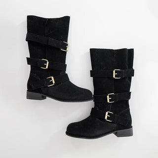 Falling Western Suede Buckle Mid-calf Boots