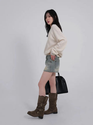 Falling Western Suede Buckle Mid-calf Boots