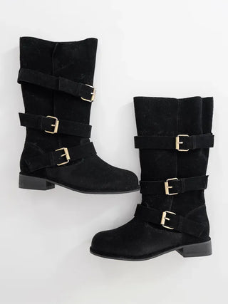 Falling Western Suede Buckle Mid-calf Boots