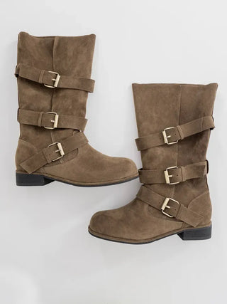 Falling Western Suede Buckle Mid-calf Boots