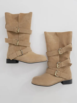 Falling Western Suede Buckle Mid-calf Boots