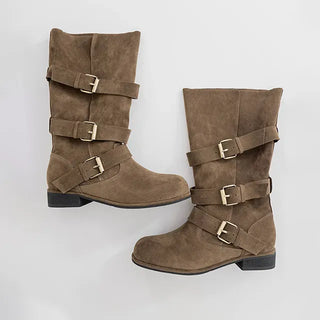Falling Western Suede Buckle Mid-calf Boots