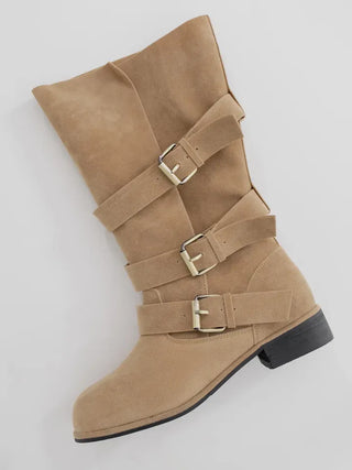 Falling Western Suede Buckle Mid-calf Boots
