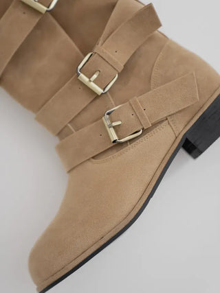Falling Western Suede Buckle Mid-calf Boots