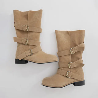 Falling Western Suede Buckle Mid-calf Boots
