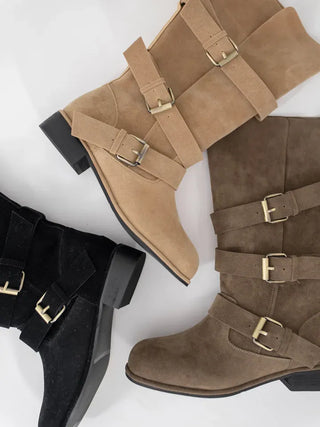 Falling Western Suede Buckle Mid-calf Boots