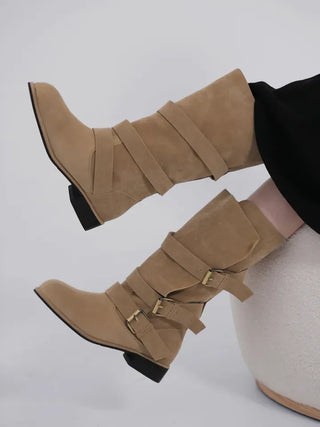 Falling Western Suede Buckle Mid-calf Boots