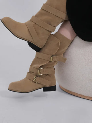 Falling Western Suede Buckle Mid-calf Boots