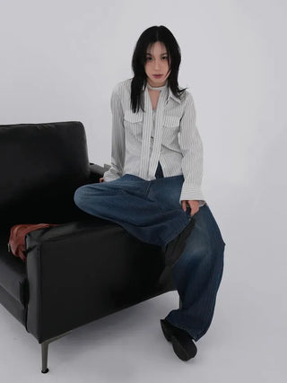 Rib Raindrop Blue Denim Pants