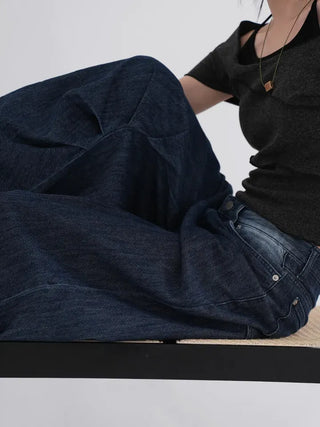 Valenlia Fold Wide Denim Long Pants