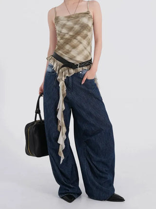 Valenlia Fold Wide Denim Long Pants