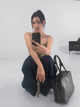 Valenlia Fold Wide Denim Long Pants