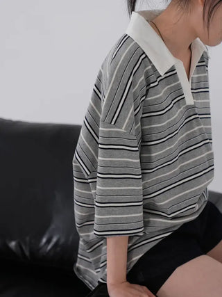 Zeraffin Striped Collar Oversized T-shirt
