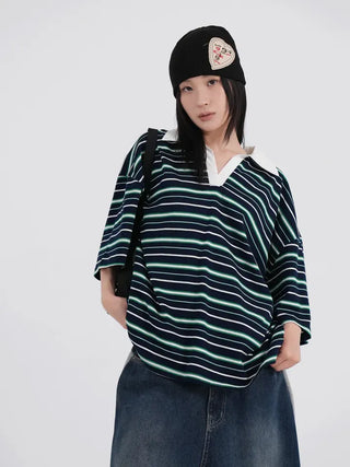Zeraffin Striped Collar Oversized T-shirt