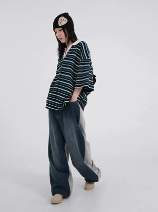 Zeraffin Striped Collar Oversized T-shirt