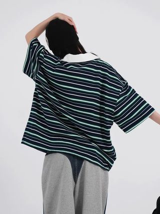 Zeraffin Striped Collar Oversized T-shirt