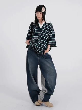Zeraffin Striped Collar Oversized T-shirt