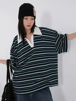 Zeraffin Striped Collar Oversized T-shirt