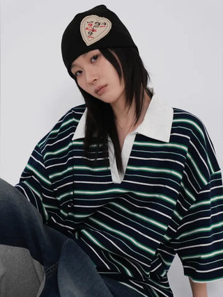 Zeraffin Striped Collar Oversized T-shirt