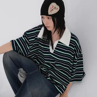 Zeraffin Striped Collar Oversized T-shirt