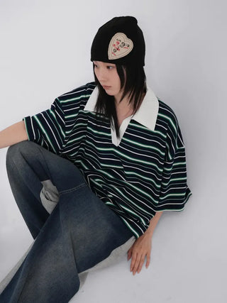 Zeraffin Striped Collar Oversized T-shirt