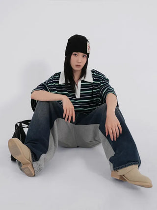Zeraffin Striped Collar Oversized T-shirt