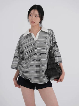 Zeraffin Striped Collar Oversized T-shirt