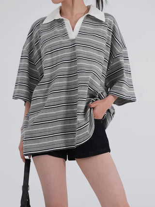 Zeraffin Striped Collar Oversized T-shirt