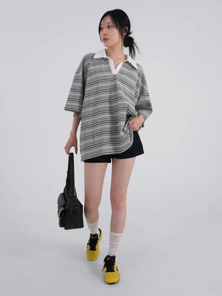 Zeraffin Striped Collar Oversized T-shirt