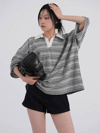 Zeraffin Striped Collar Oversized T-shirt