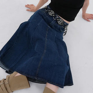 Paileena Pleated Denim Midi Skirt