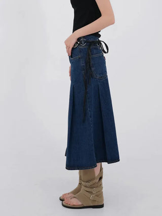 Paileena Pleated Denim Midi Skirt