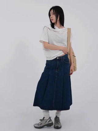 Paileena Pleated Denim Midi Skirt