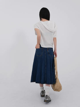 Paileena Pleated Denim Midi Skirt