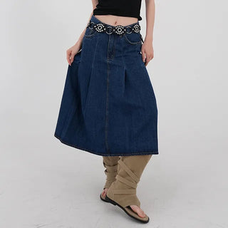 Paileena Pleated Denim Midi Skirt