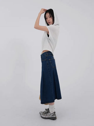 Paileena Pleated Denim Midi Skirt