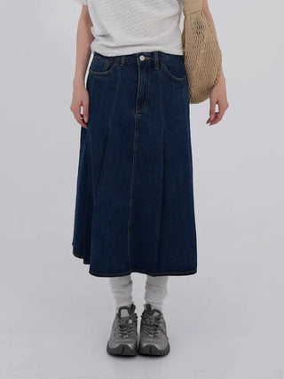 Paileena Pleated Denim Midi Skirt