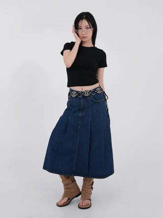 Paileena Pleated Denim Midi Skirt
