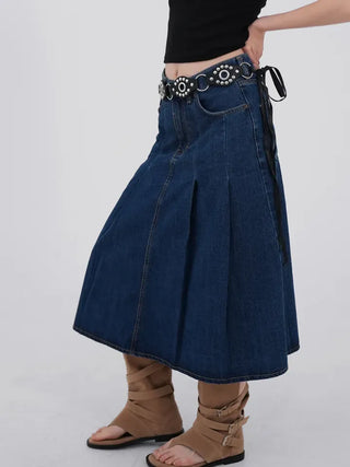 Paileena Pleated Denim Midi Skirt